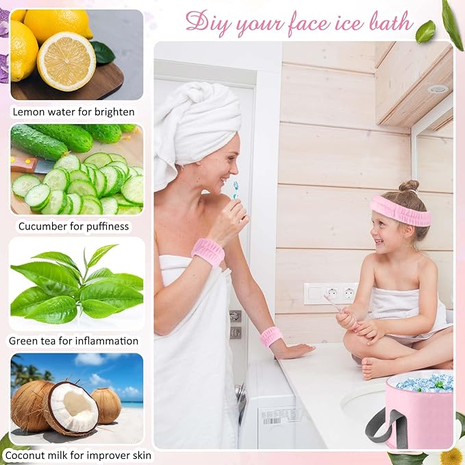 Face Ice Bath Bowl - Pink Foldable Collapsible Design with Headband & Wristbands Set, Skincare Combo for Women, Travel Friendly Home Spa, Makeup Removal & Sensitive Skin Care