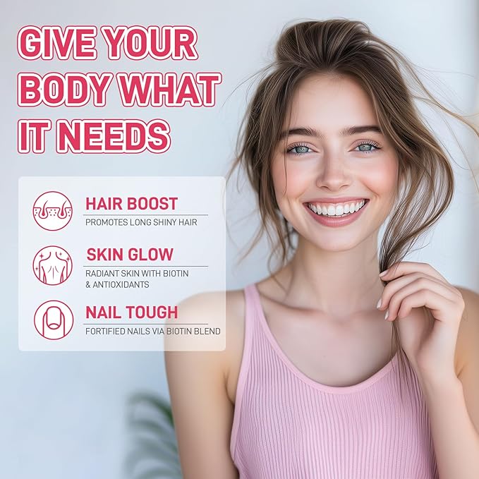 Natural Hair Skin and Nails Vitamins Gummies, 7600mcg Biotin Gummies with Vitamins A C E for Women Men Beauty Support Supplement, GMO Free, Gluten Free (Strawberry Flavor, 60 Count)