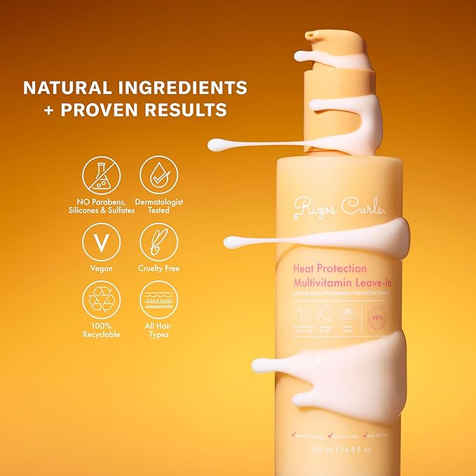 Rizos Curls Heat Protection Multivitamin Leave-In, Protects Up to 450°F, Reduces Frizz, Repairs Hair with Vitamins & Amino Acids, Adds Natural Shine