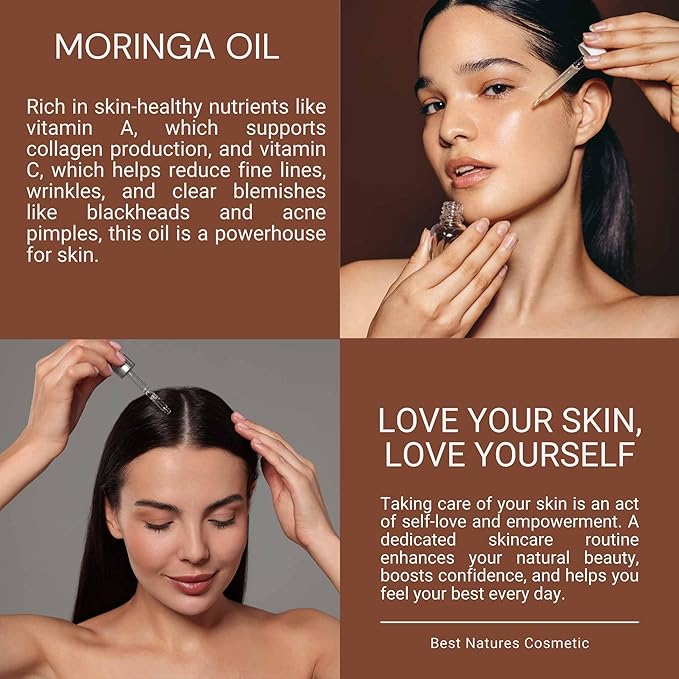 Best Nature's Cosmetics Moringa Oil (Organic, Undiluted, Cold Pressed, Unrefined) – Natural Moisturizer for Dry and Damaged Skin and Hair 2 fl oz / 60ml