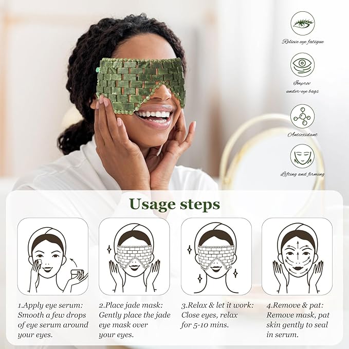 Jade Eye Mask,Large Facial Cooling Mask with Green Ear Strings 100% Real Jade for Hot & Cold Therapy,Green Jade Facial Eyes Sleeping Mask Relief Eye Cover