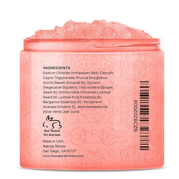 Natural Riches Himalayan Salt Exfoliating Body Scrub Lychee Bergamot Essential oil with Vitamin C - (12 Oz / 340 gm) Moisturize Deep Cleansing foot scrub body skin exfoliator