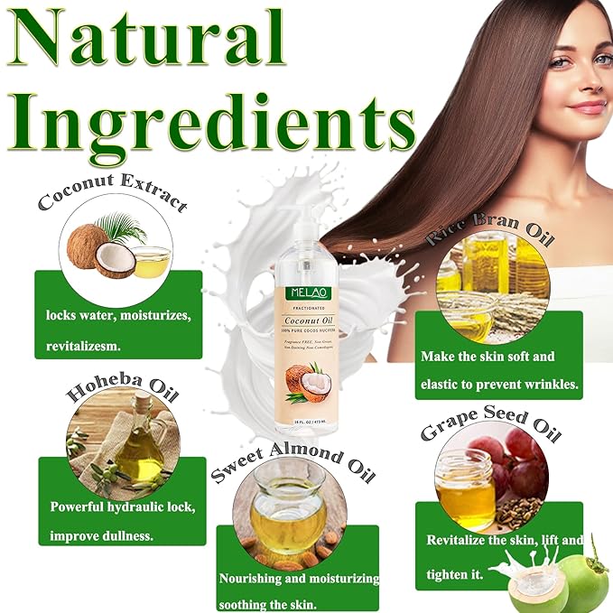 Elitzia Coconut Oil Hair Spa Skin Care NaturalMassage Oil Conditoner Liquid Skin Pure Nourish Moisturier Makeup Remover Fix Flyaways Versatile Base Oil Face Body 16fl.oz/473ml