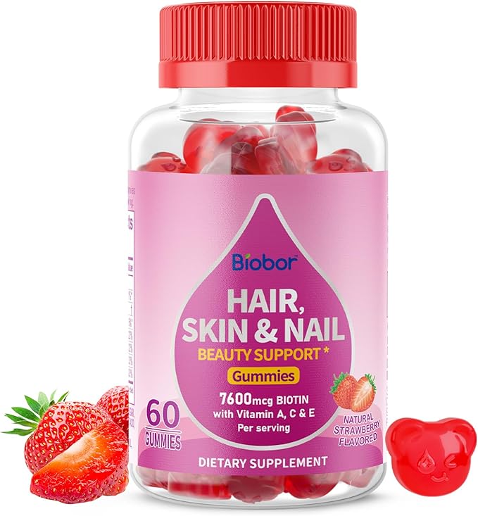 Natural Hair Skin and Nails Vitamins Gummies, 7600mcg Biotin Gummies with Vitamins A C E for Women Men Beauty Support Supplement, GMO Free, Gluten Free (Strawberry Flavor, 60 Count)