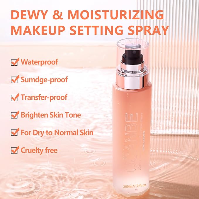 Dewy Makeup Setting Spray Kit-7 Fl oz Hydrating Illuminating Finishing Spray Long Lasting Lightweight Face Mist Make up Fixer +1PC Travel Size Spray Bottle+1PC Sponge Puff