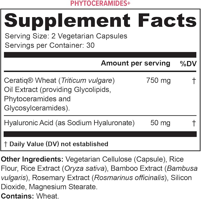 Hydrating Anti Aging Phytoceramides Supplement - Clinically Proven Ceratiq Ceramides with Hyaluronic Acid 700mg - Skin Barrier Repair Itchy Dry Skin Supplement for Women