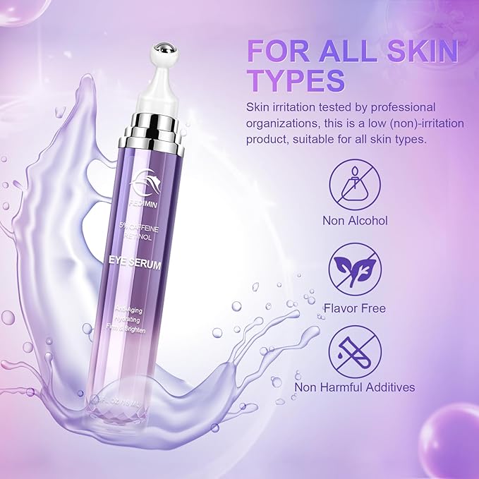 5% Caffeine Eye Cream for Dark Circles Under Eye Treatment Eye Serum for Wrinkles Fine Lines, Retinol Eye Care Eye Cream for Puffiness and Bags Eye Serum with 360° Massage Roller-Ball (Light Purple)