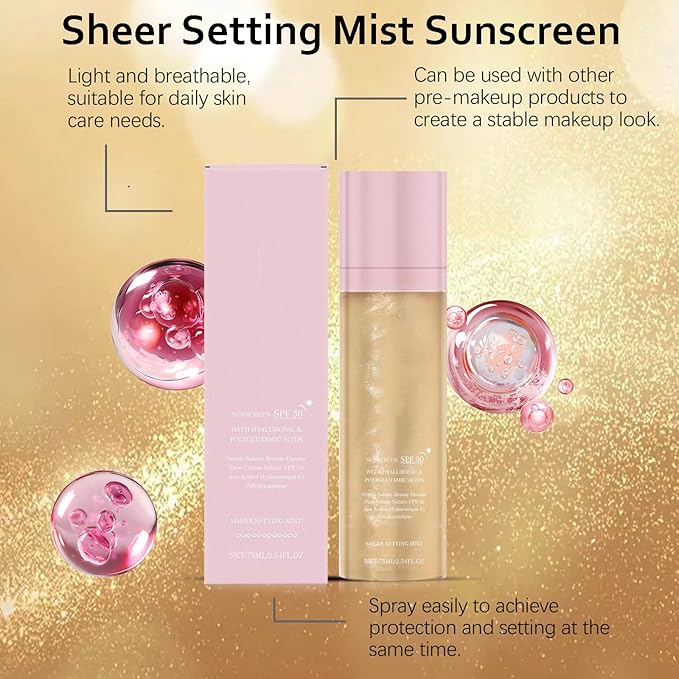 Sheer Setting Mist Sunscreen SPF 50 for Face & Body | Water-Resistant Shimmering Oil Spray | Hydrating Non-Greasy Glow Finish | Oil Control & Long Lasting(75ml)