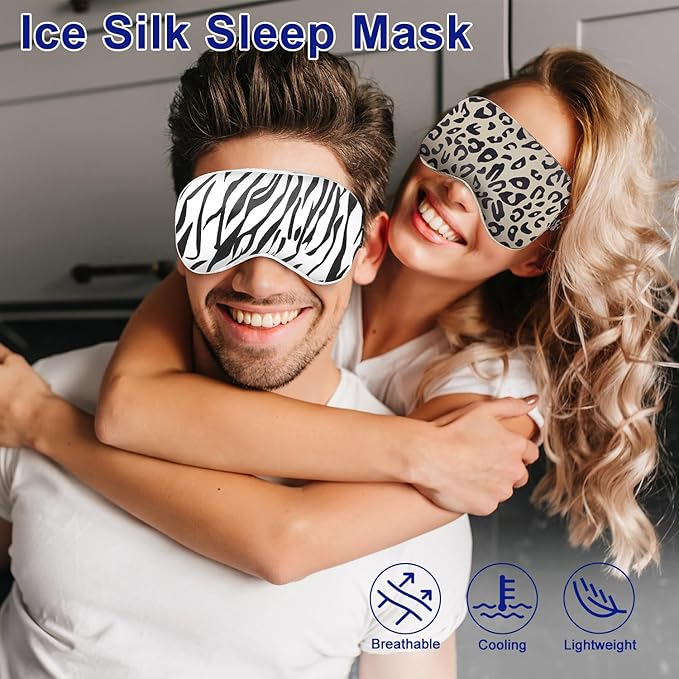 Sleep mask w/Cooling Gel Eye Mask, 2Packs Heated Eye Mask for Sleeping, Reusable Ice Silk Blackout Eye Cover Sleeping Mask for Travel, Home, Office, Yoga, Stocking Stuffers (Zebra+Leopard)