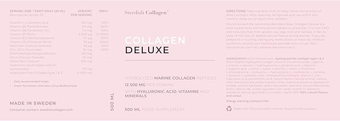 Swedish Collagen Deluxe | 12,500 mg Hydrolyzed Marine Collagen Liquid Supplement - 500 ml, 20 Day Supply | Hyaluronic Acid, Biotin and Vitamin C to Support Healthy Hair, Skin, Nails | Sugar-Free