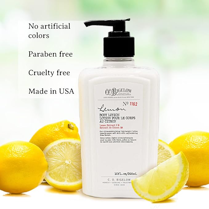 C.O. Bigelow Lemon Body Lotion No. 1162, Moisturizing Lotion for Dry Skin, Hands & Body with Shea Butter & Kuki Nut Oil, Lemon Scented, 10 fl oz