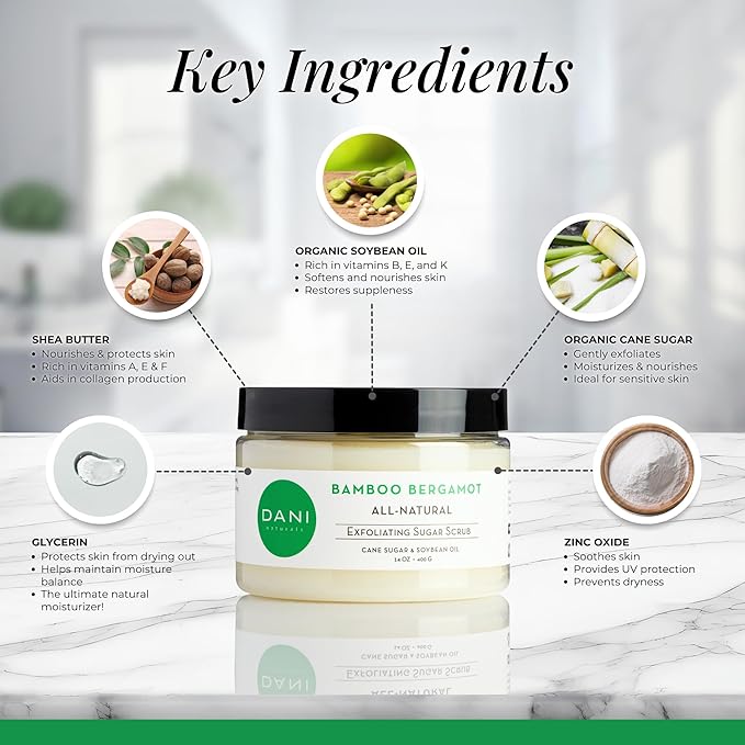 Naturals Sugar Scrub - Exfoliating Bamboo Bergamot – Organic cane sugar and shea butter gently exfoliate and nourish skin, leaving it smooth, refreshed, and hydrated – 14 oz