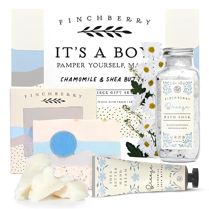 FinchBerry 3-Piece Gift Set โ Itโs A Boy! Baby Boy Shower Gift, New Mom Care Package & First-Time Mom Gifts! Includes Handmade Shea Butter Soap (4.5oz), Bath Soak (20oz) & Nourishing Hand Cream (1oz)