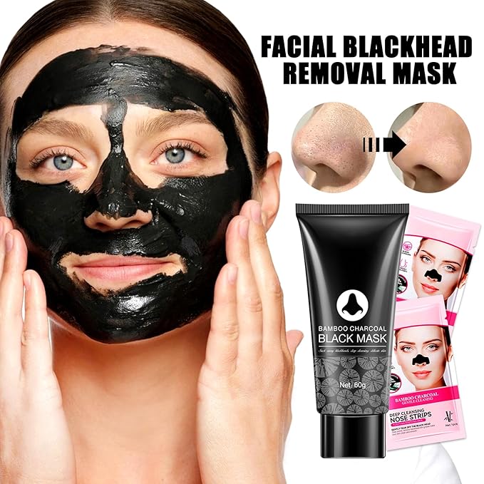 Charcoal Blackhead Remover Mask and 5 Pcs Blackhead Nose Strips,Gentle Nose Patches for Black Heads,Efficient Skincare Peel off Face Mask,Deep Cleansing Black Head Mask Set for All Skin Types