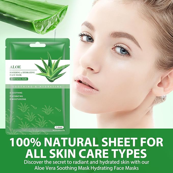 Aloe Vera Soothing Mask Hydrating Face Masks Skincare Moisturizing Facial Sheet Mask Skin Care for Dry, Oily, Sensitive Skin Face Mask for Acne, Sun Care, Refreshing, 10 Pack (Aloe Vera Face Mask)