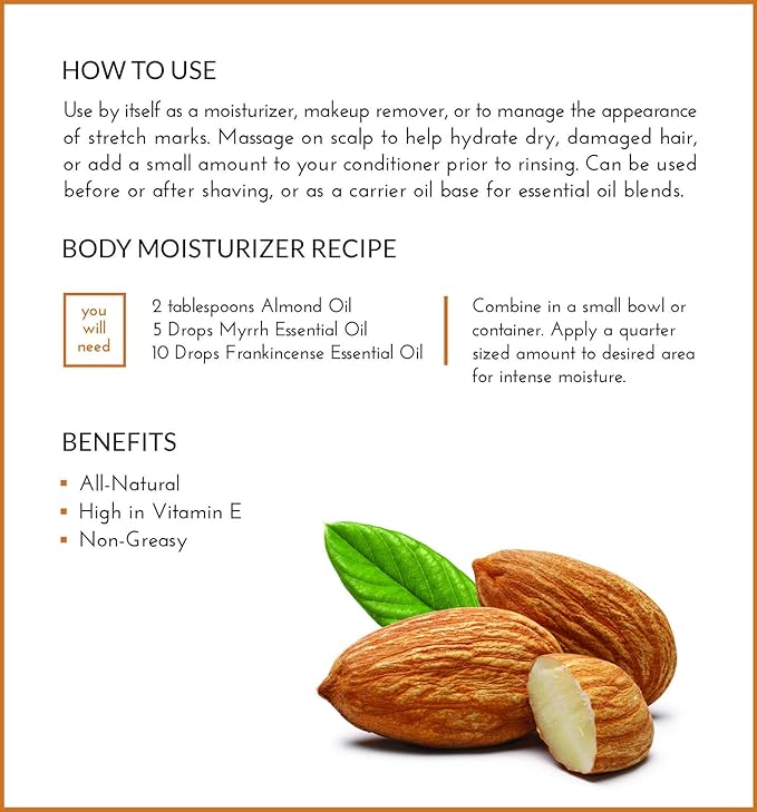 artnaturals Premium Sweet Almond Oil - (16 Fl Oz / 473ml) - 100% Natural & Pure – Therapeutic Grade Unrefined Carrier and Massage Oil – for Hair, Body and Skin or Diluting Aromatherapy Essential Oils