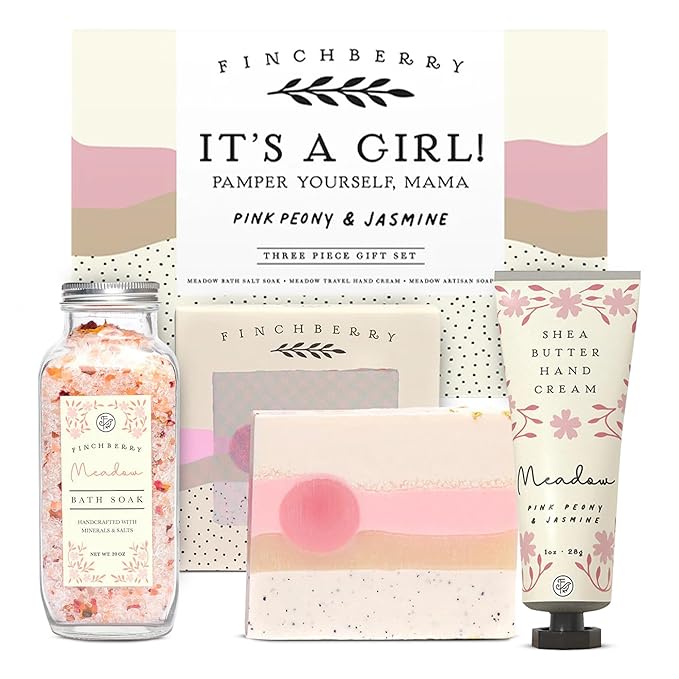 FinchBerry 3-Piece Gift Set - Itโs A Girl! Baby Shower Gift, New Mom Care Package, First-Time Mom Gifts, Baby Girl Gift โ Includes Handmade Shea Butter Soap(4.5oz), Bath Soak (20oz) & Hand Cream (1oz)