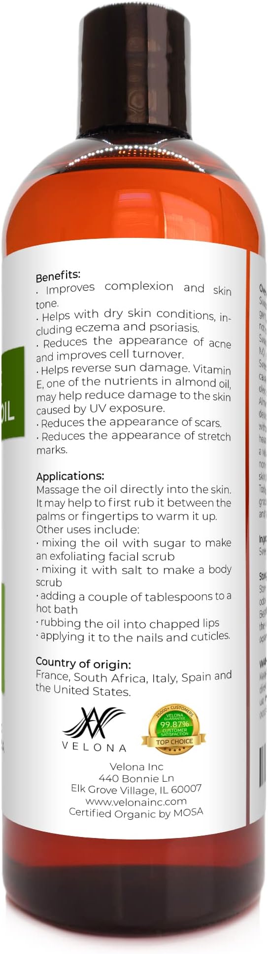 velona USDA Certified Organic Sweet Almond Oil - 16 oz | 100% Pure and Natural Carrier Oil | Refined, Cold Pressed | Skin, Hair, Body & Face Moisturizing | Use Today - Enjoy Results