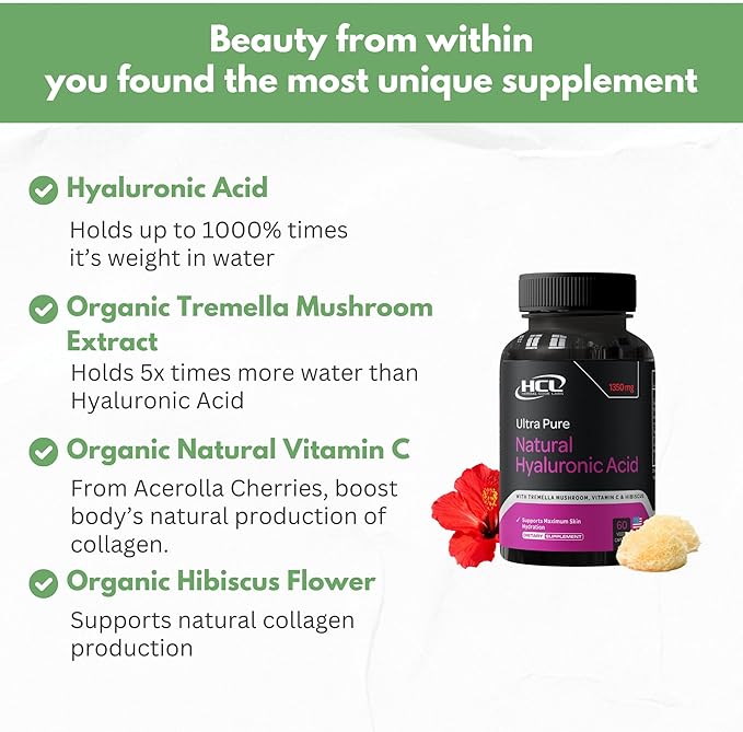 Natural Hyaluronic Acid Supplement 5X Stronger Hydration Pills from Pure Tremella Mushroom with Vitamin C & Hibiscus - Skin Supplement Anti Wrinkle Dietary Capsules - hair nails vitamins