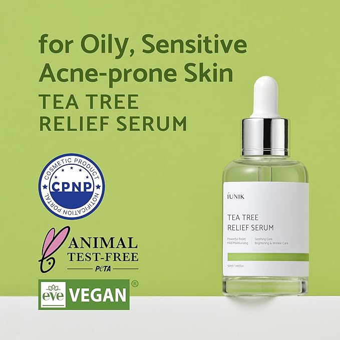 iUNIK Tea Tree Relief Facial Serum & Propolis Vitamin C Face and Eye Cream Non-sticky Non-greasy Acne Redness Irritation Dullness Dark Spots Care Oily Sensitive Skin Vegan Korean Skincare