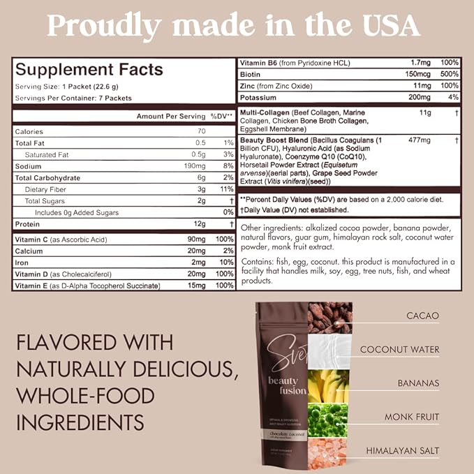 Hydrolyzed Multi Collagen for Women + Vitamins, Biotin, Hyaluronic Acid, CoQ10, Probiotics, Zinc | Keto Chocolate Protein Drink Powder (7 Travel Packs) Hair, Skin, Beauty Supplement by Svete