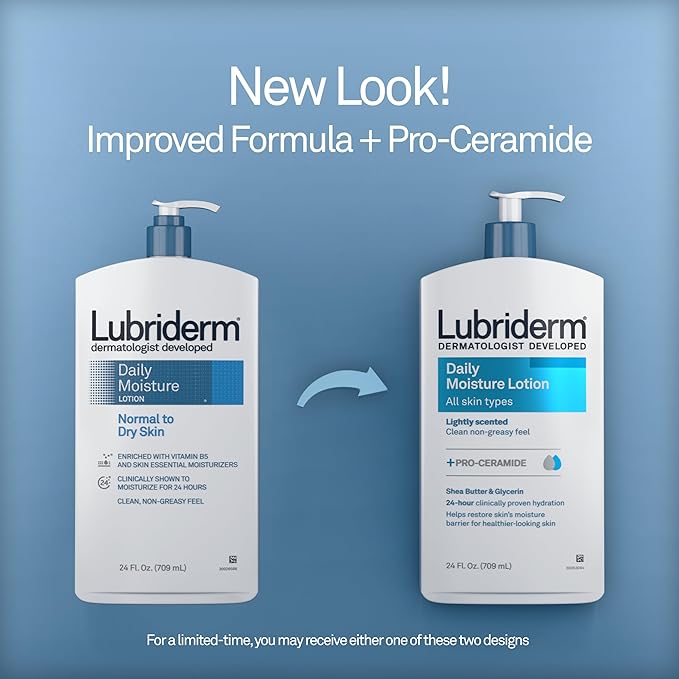 Lubriderm Daily Moisture Lotion + Pro-Ceramide with Shea Butter & Glycerin Helps Moisturize Dry Skin, Hydrating Face, Hand & Body Lotion is Lightly Scented & Non-Greasy, 24 fl. oz (Pack of 2)