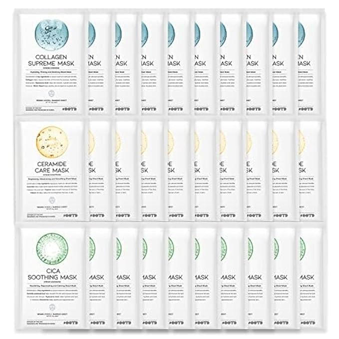 Hydrating Soothing Sheet Masks Gift Set for Skincare, Korean Vegan Sheet Mask for Dry, Sensitive Skin, Calming, Smoothing, Brightening, Collagen, Ceramide, Cica, Hyaluronic Acid 30EA