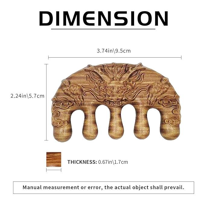 Natural Wood Wide Tooth Hair Comb Head Scalp Massage No Static Green Sandalwood Hair Pick Wooden Comb for Women Men Kids Hair Neck Hands Legs Caring Tool (Dragon Head), Brown