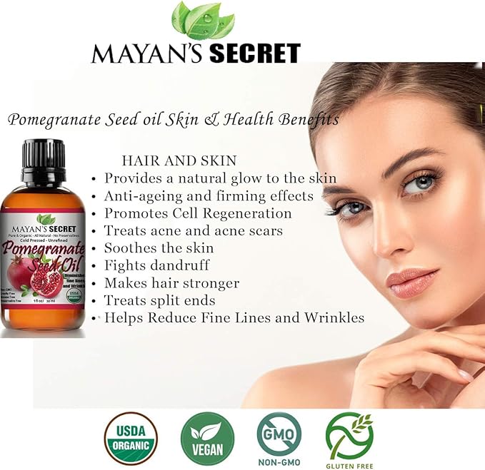 Mayan's Secret Pure Carrier and Essential oils for Skin Care, Hair, Body Moisturizer for Face-Anti Aging Skin Care (Pomegranate Seed Oil Organic, 4oz)