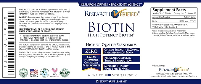 Research Verified Biotin – Pure Biotin Extra Strength 10,000mcg for Improved Hair, Skin and Nail Health - 360 Vegan Tablets