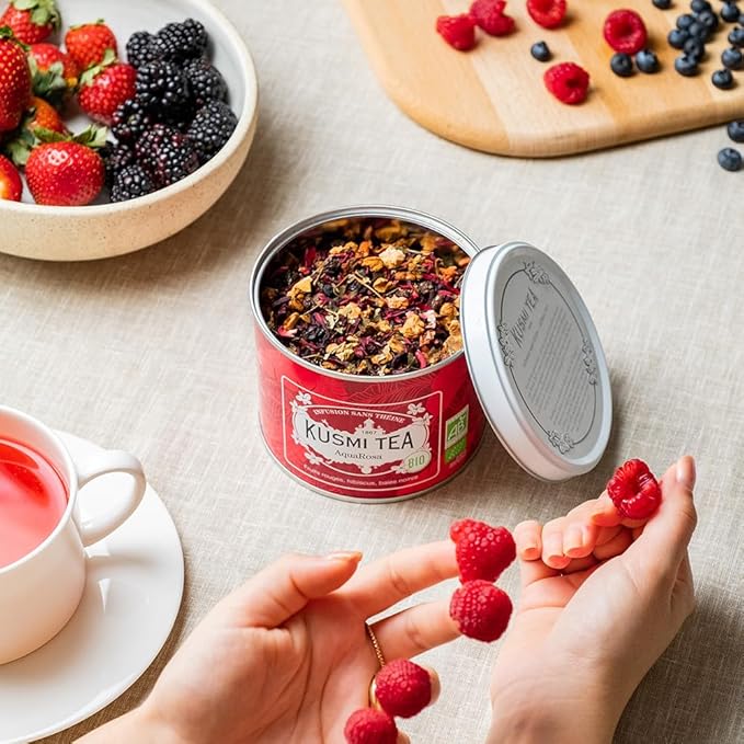 Kusmi Tea - AquaRosa - Organic Herbal Tea with Hibiscus & Berries - Caffeine Free Herbal Tea - Enjoy Hot or Iced - Loose Leaf Tea - Tin Box of 3.5 oz - Quantity for about 50 cups