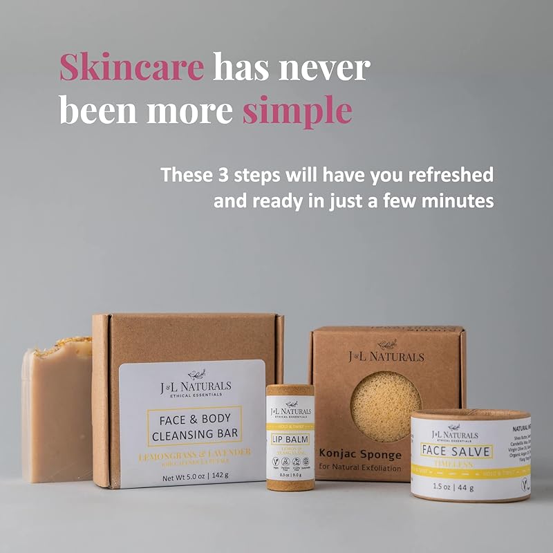 J&L Naturals Simple Skin Regimen Kit With Cleansing Bar, Face Salve, Konjac Sponge, Lip Balm | For Oily, Dry, Mature, and Combination Skin | Zero Waste (Timeless (mature skin), Simple)