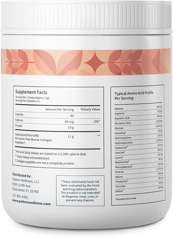 Pattern Wellness Collagen Peptides Powder (Type I & III) - Hair, Nails, Skin and Joint Health - Grass Fed & Pasture Raised - Hydrolyzed Collagen, Non-GMO, Dairy Free, & Keto - Unflavored (16 Oz)