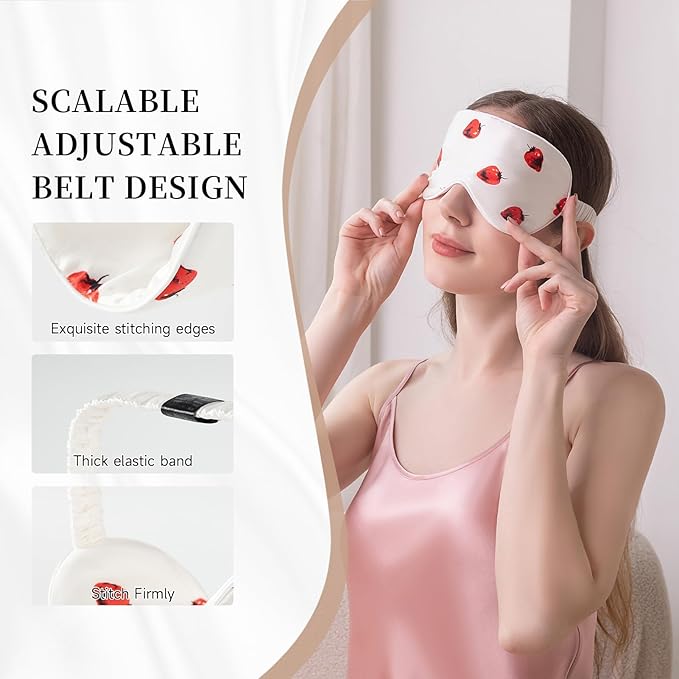 THXSILK Sleep Mask 100% 19 Momme Pure Mulberry Silk Super Smooth Cooling Decorative Sleep Eye Mask Blackout Eye Cover with Wide Head Strap, Strawberry-White