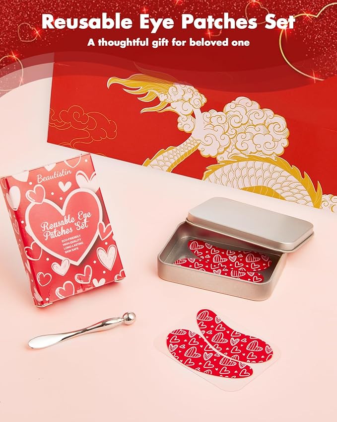 2 Pairs Reusable Under Eye Wrinkle Patches Silicone Mask, Plump Fine Lines & Wrinkles, with Metal Eye Cream Applicator, Tin Case, Valentine's Day Red