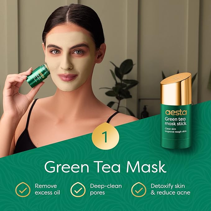 Aesta Green Tea Mask Stick + Hyaluronic Acid Serum for Face Treatment | Gradual Blackhead Remover | Pore-Cleaning, Detoxifying, Skin Care Face Serum w/Anti Aging and Anti Wrinkle Effects