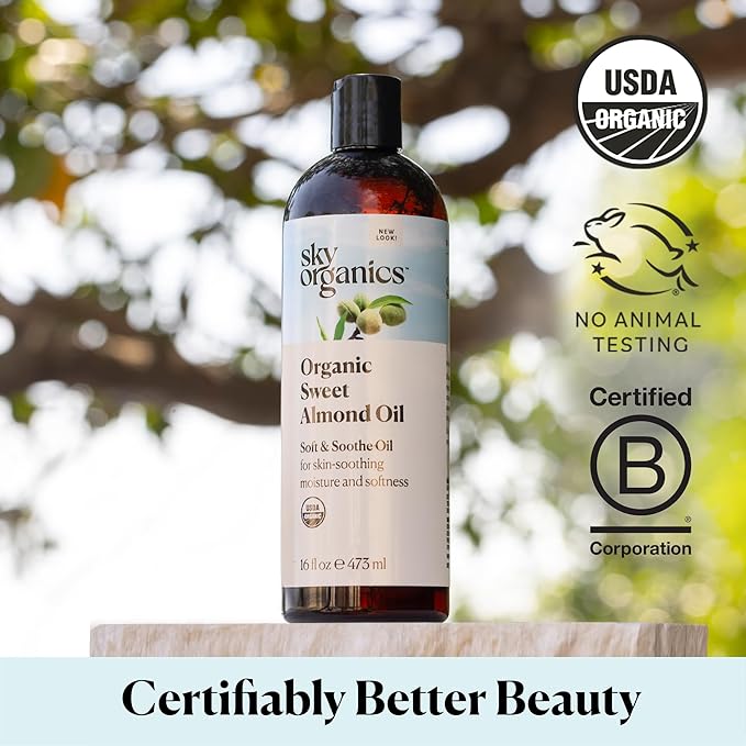 Sky Organics - Organic Sweet Almond Oil, 16 fl oz - Soft & Soothe Oil - Skin Moisturizer - Silky, Lightweight Texture - 100% Pure - Non-Greasy - Natural, Vegan, & Cruelty Free - Beauty & Self Care