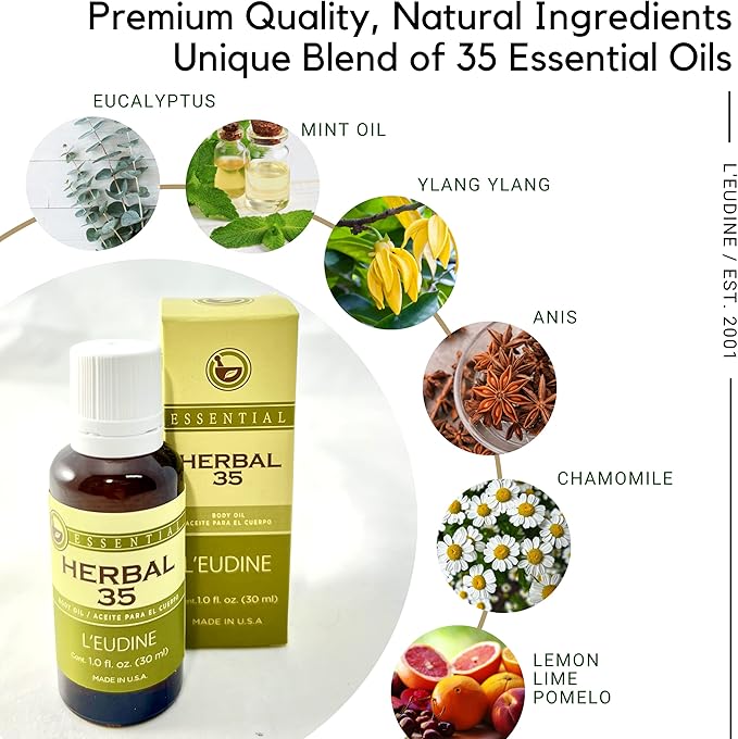 L'eudine Herbal 35 Essential Oil, Soothing and Calming Eucalyptus Essential Oil, Powerful Blend of up 35 Essential Oils for Aromatherapy & Wellness Support - 1fl oz