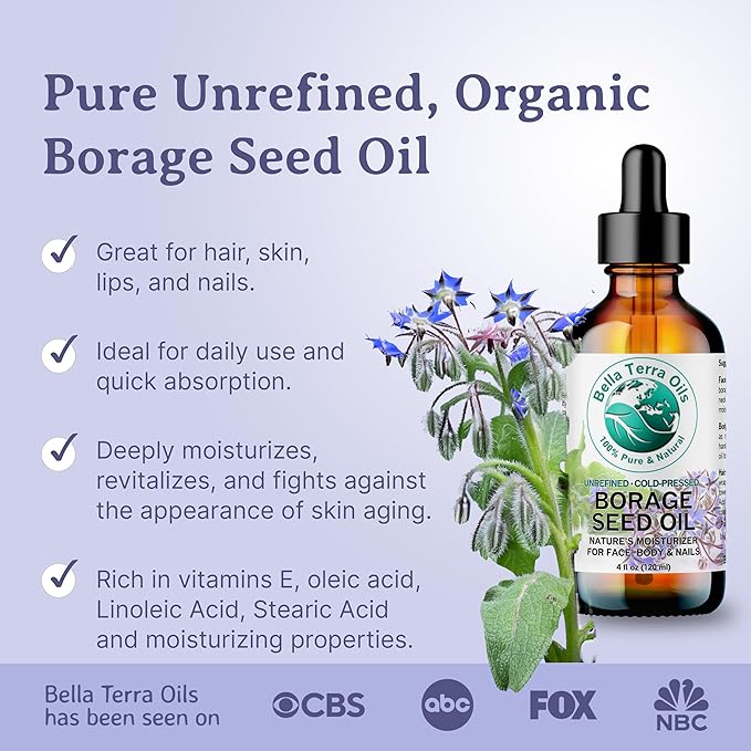 Bella Terra Oils - Organic Borage Seed Oil 4 oz - Rich in GLA, Pure & Untouched, Abundant in Omega-6 Fatty Acids, Elevate Skin's Natural Radiance & Softness