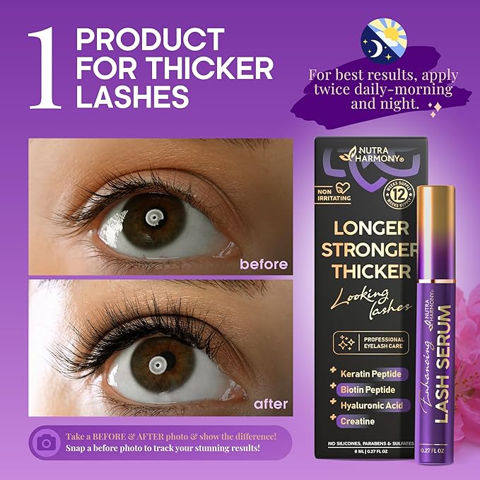 Enhancing Lash Serum for Eyelash Growth with Keratin and Biotin Peptides, Hyaluronic Acid, Creatine for Longer, Fuller, Thicker Lashes, Strength & Nourishment Treatment, Non-Irritating, Vegan, 8ml
