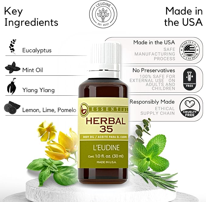 L'eudine Herbal 35 Essential Oil, Soothing and Calming Eucalyptus Essential Oil, Powerful Blend of up 35 Essential Oils for Aromatherapy & Wellness Support - 1fl oz