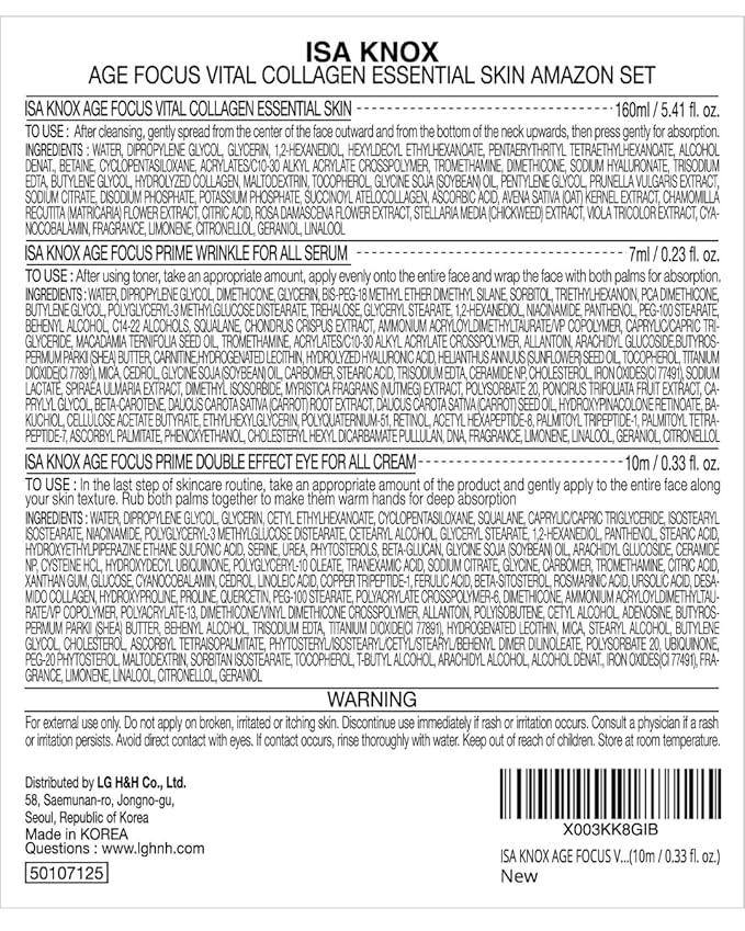 Spring Event ISA KNOX AGE FOCUS VITAL COLLAGEN Essential Toner by LG Beauty, PRIME Wrinkle For All Serum & PRIME Eye For All Cream (177 ml/5.99 fl oz) - Korean Skin Care by LG Beauty.