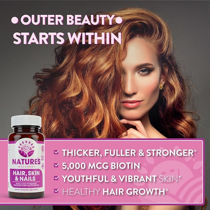 Natures Wellness Hair, Skin & Nails Essential Nourishing Supplement, 60-Count | 4000mcg Biotin + Vitamins A, C and E, B Complex Vitamins, and Advanced Nutrients per Capsule | 100% All-Natural