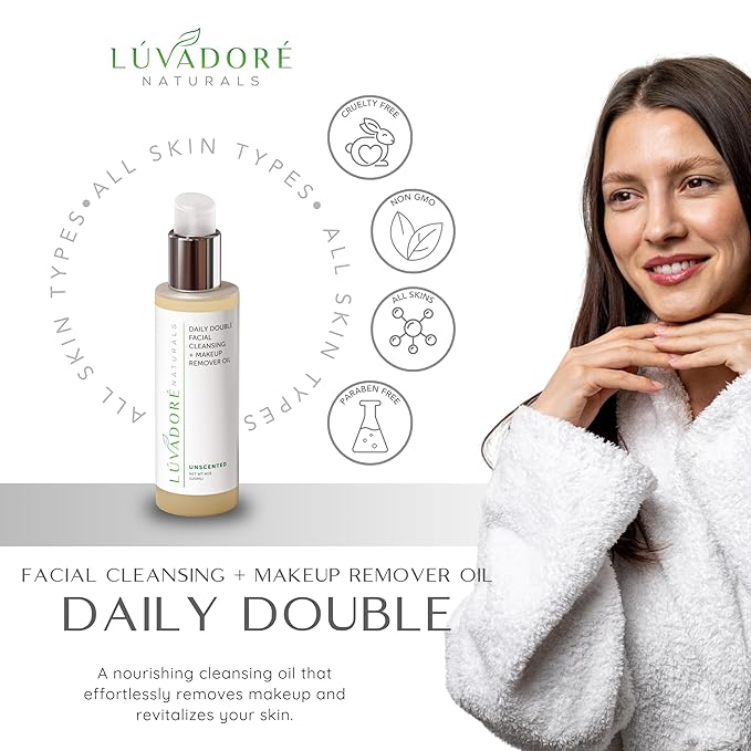 Daily Double Face Wash and Makeup Remover – 2-in-1 Oil Face Cleanser – Hydrating Facial Cleanser with Grapeseed Oil, Avocado, Rice – Removes Makeup Impurities for Smooth Skin