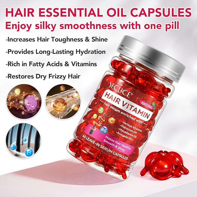 Hair Treatment Serum Hair Vitamin Capsules 60Pcs, with Vitamin A C E Pro B5, No Rinse with Argan Macadamia/Avocado Oil for Hair Repair, Smooth & Anti Frizzy (red, 60)