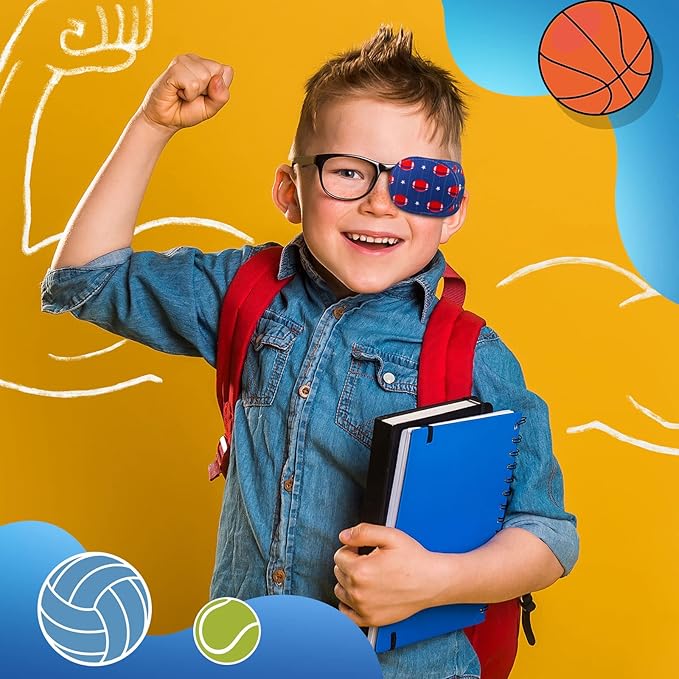 Newcotte 12 Pcs Eye Patch for Kids Toddler Reusable Adjustable Girls Boys Eyepatch for Glasses Left or Right Eye Patch, Assorted Patterns(Sports)