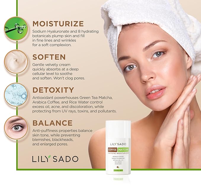 LILY SADO TEA+Cโข Coffee & Matcha Face Moisturizer - Natural Vegan Caffeine Facial Cream w Green Tea & Arabica Coffee Beans - Best Antioxidant, Anti-Wrinkle Moisturizing Lotion - Softens & Firms
