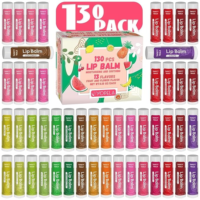 130 Pack Natural Lip Balm Bulk with Vitamin E and Coconut Oil - Moisturizing, Soothing, Dry and Cracked Lips, Mini Chap Stick Gifts for Kids Women Men - 10 Flavors - Non-GMO