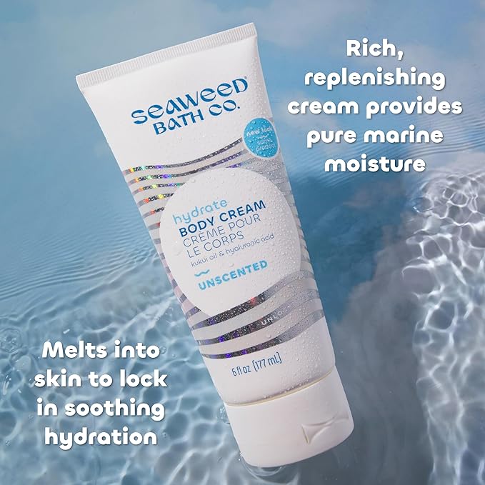 Seaweed Bath Co. Hydrate Body Cream, Unscented, 6 Ounce, Nourishing Hand & Body Lotion Moisturizer for Dry Skin, with Sustainably Harvested Seaweed, Kukui Oil, Hyaluronic Acid, Shea Butter