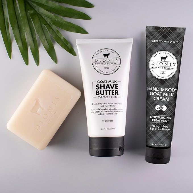 Dionis Goat Milk Skincare 4 Piece Goat Milk Travel Set for Men - Hydrating Bar Soap, Shave Butter, Hand & Body Cream - Cedarwood & Sea Salt Scent, On-the-Go Grooming Essentials In Carrying Case